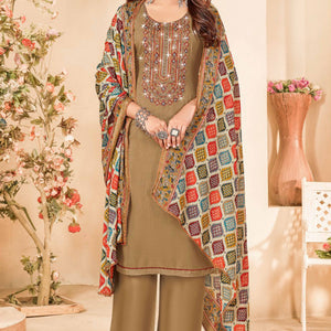 Chikoo Embroidery With Diamond Rayon Dress Material
