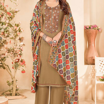 Chikoo Embroidery With Diamond Rayon Dress Material