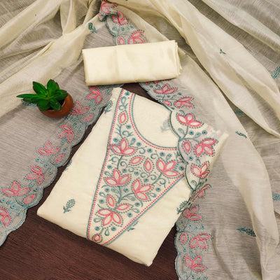 Cream Floral Embroidered Chanderi Dress Material