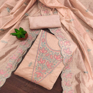 Light Peach Floral Embroidered Chanderi Dress Material