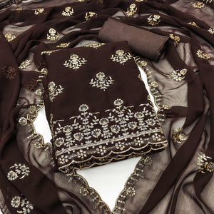 Brown Floral Sequins Embroidered Georgette Dress Material