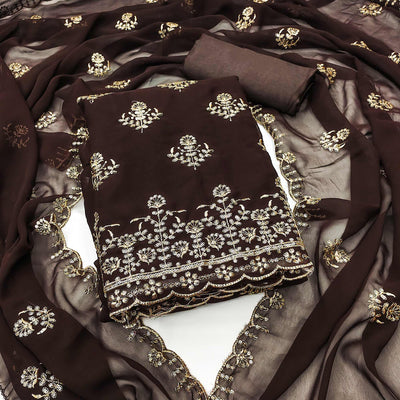 Brown Floral Sequins Embroidered Georgette Dress Material
