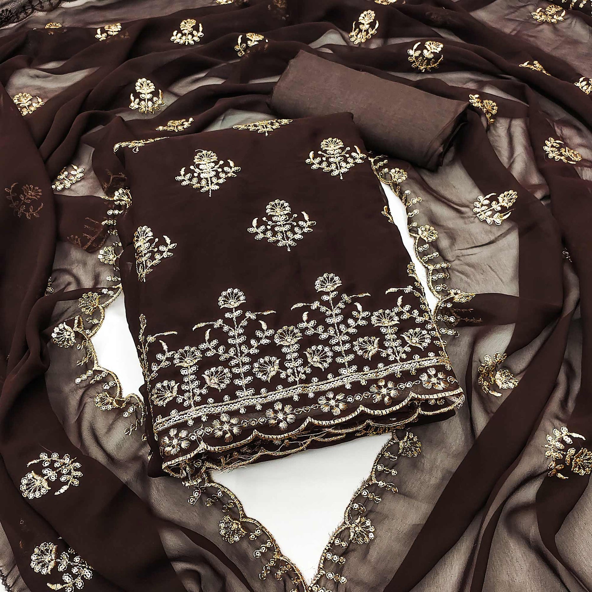 Brown Floral Sequins Embroidered Georgette Dress Material