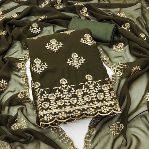 Mehendi Green Floral Sequins Embroidered Georgette Dress Material