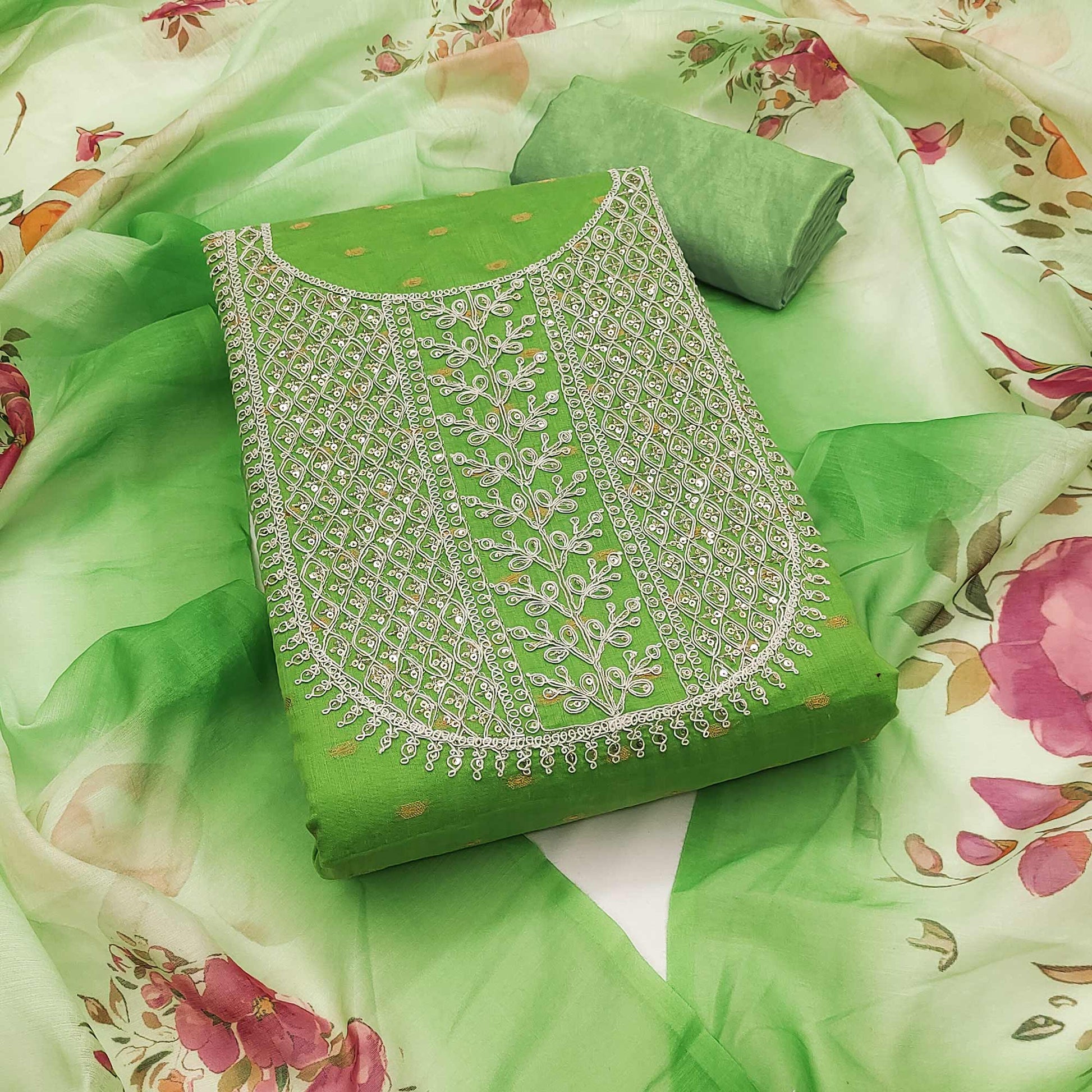1green-woven-with-sequins-embroidered-chanderi-dress-material-5