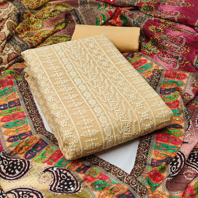 Light Yellow Floral Chikankari Work Georgette Dress Material