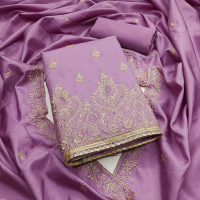 Lavender Floral Embroidered Cotton Blend Dress Material