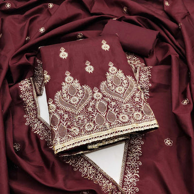 Maroon Floral Embroidered Cotton Blend Dress Material