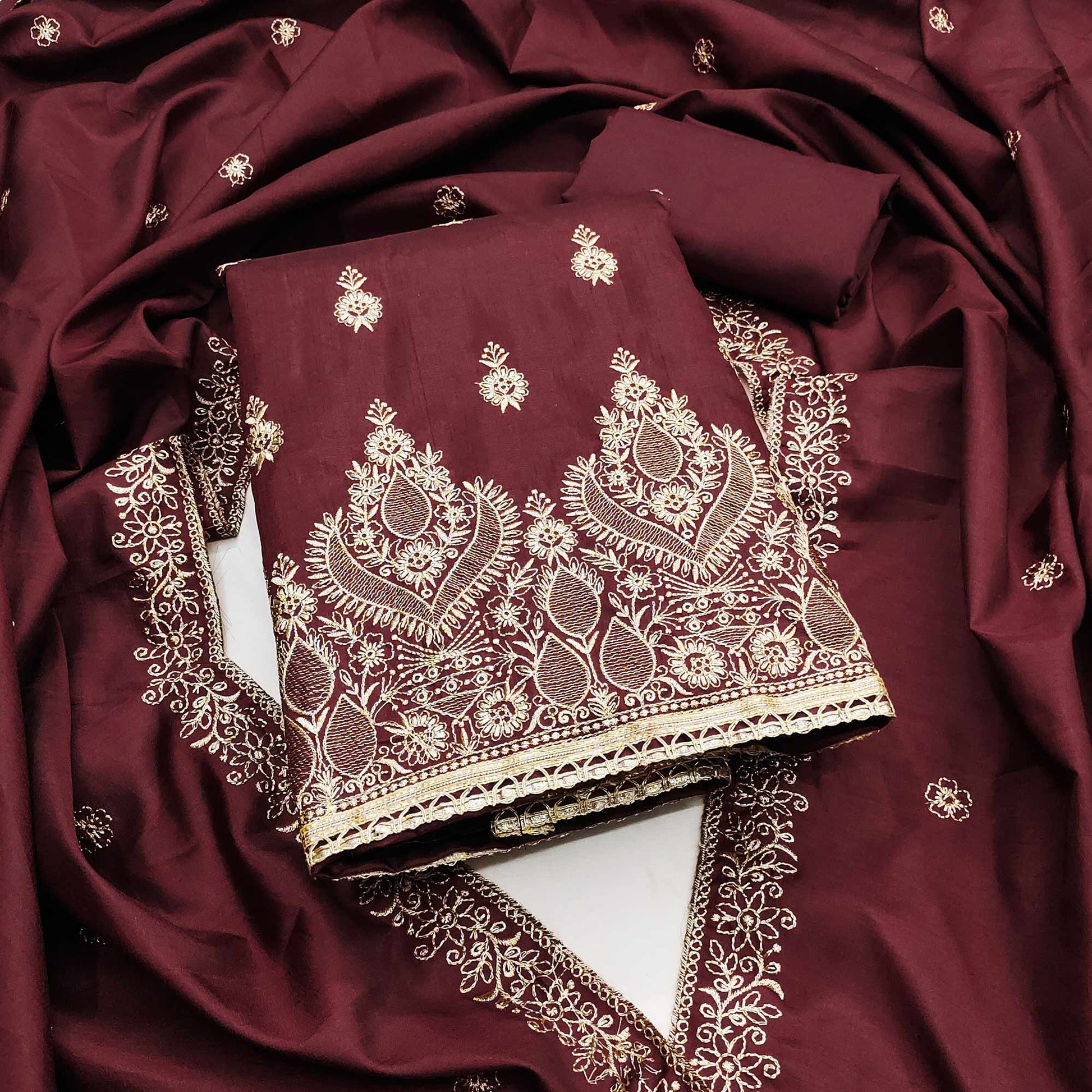 Maroon Floral Embroidered Cotton Blend Dress Material