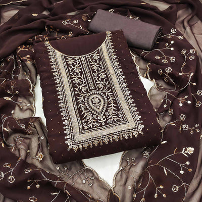 Brown Floral Embroidery With Stonework Georgette Dress Material