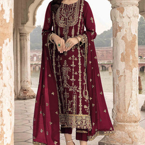 Maroon Floral Sequins Embroidered Georgette Semi Stitched  Suit