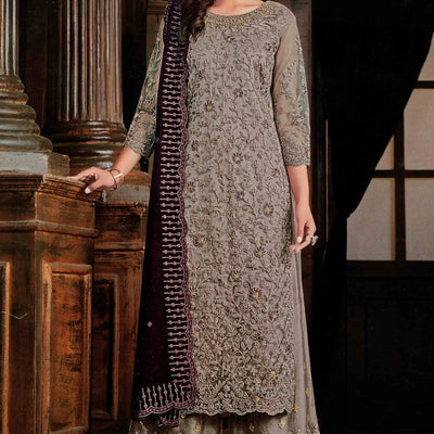 Brown Floral Sequins & Codding Embroidered Net Semi Stitched Suit