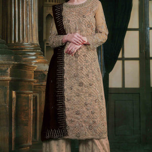 Chikoo Floral Sequins & Codding Embroidered Net Semi Stitched Suit