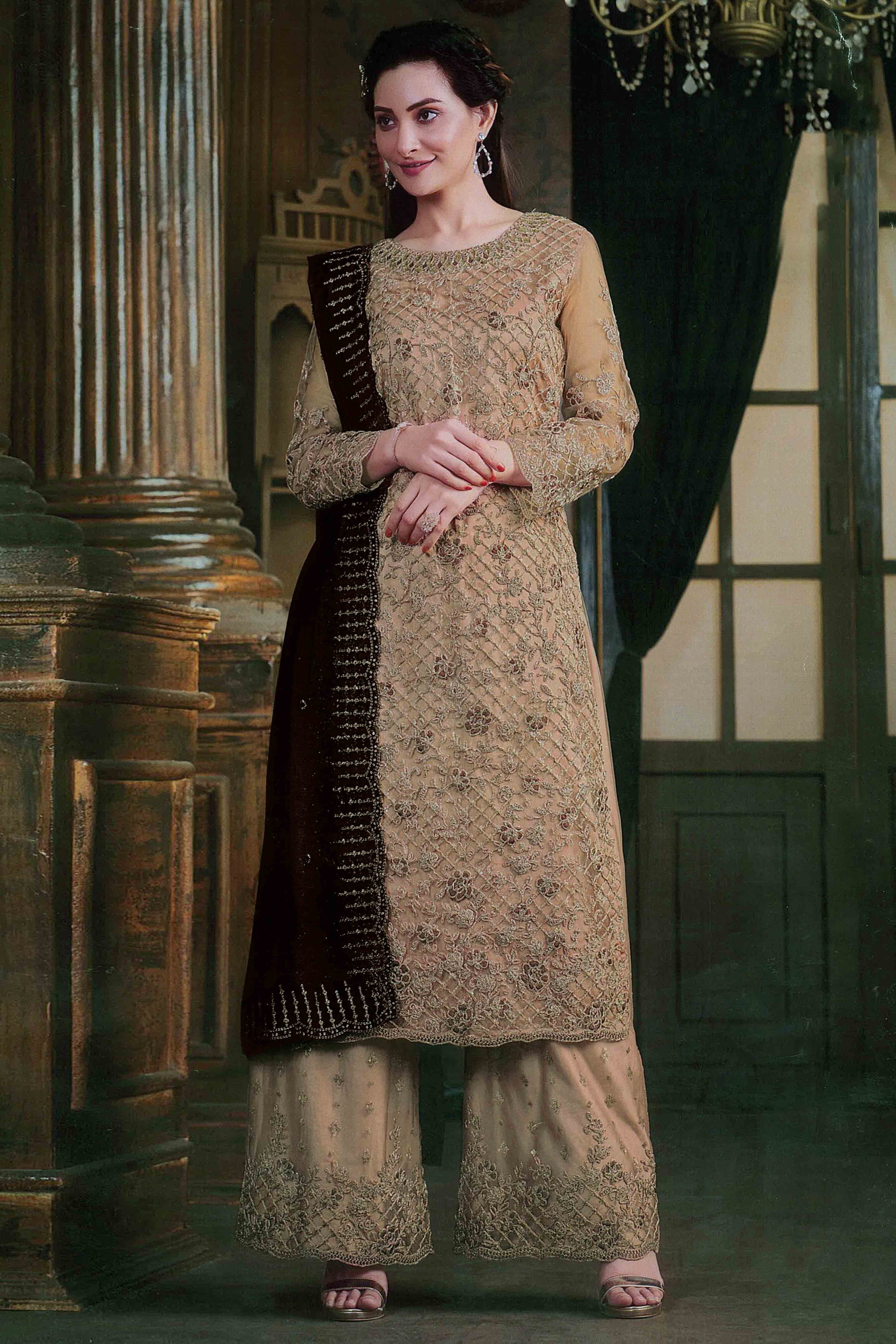 Chikoo Floral Sequins & Codding Embroidered Net Semi Stitched Suit