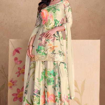 Chikoo Floral Digital Print With Sequins Embroidered Chinon Palazzo Suit