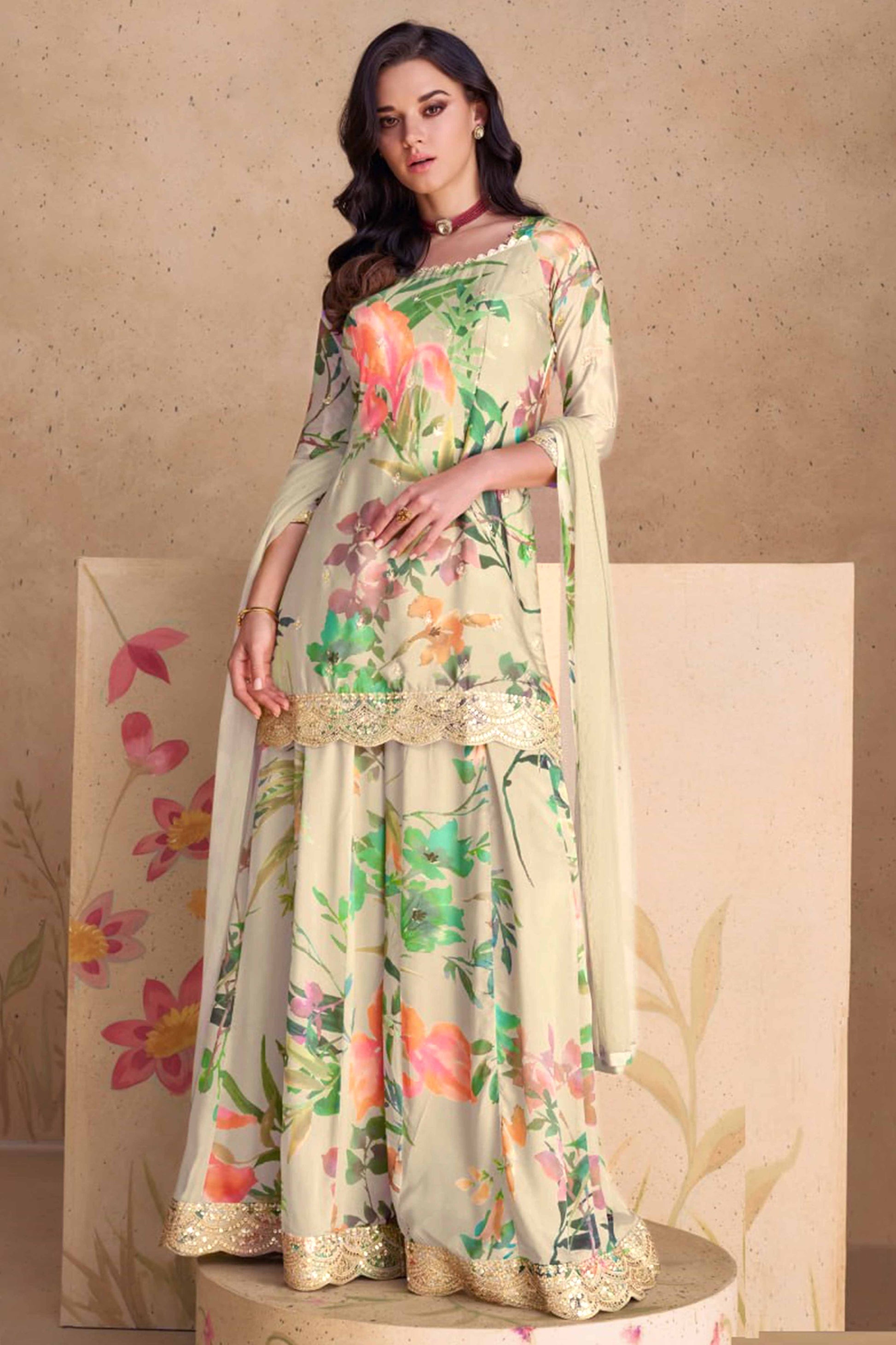 Chikoo Floral Digital Print With Sequins Embroidered Chinon Palazzo Suit