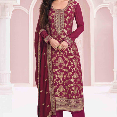 Dark Magenta Floral Embroidered Jacquard Viscose Semi Stitched Suit