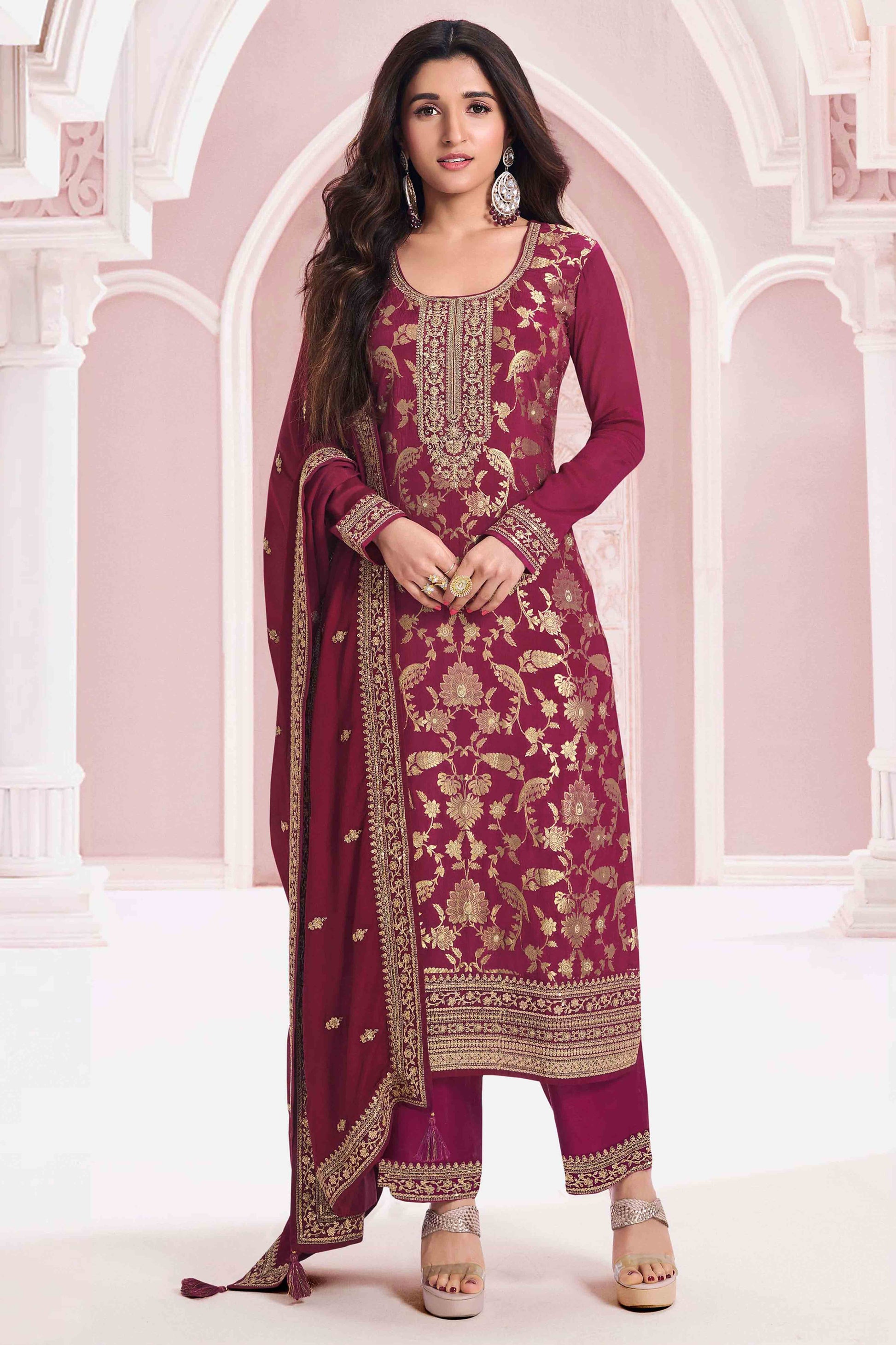Dark Magenta Floral Embroidered Jacquard Viscose Semi Stitched Suit