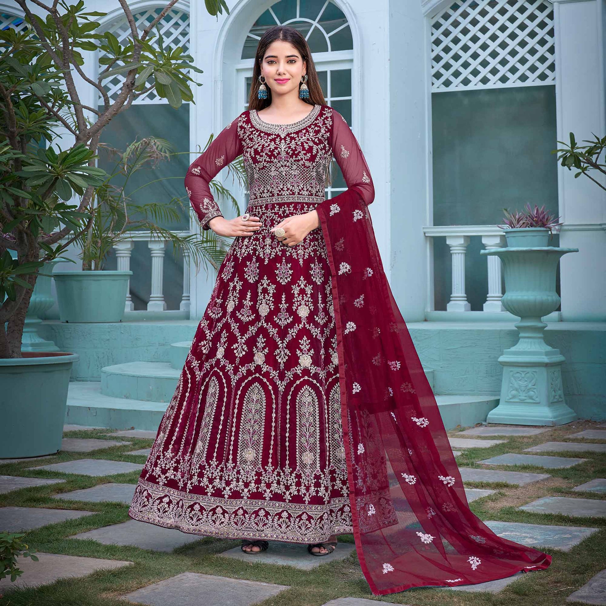Maroon Floral Embroidered Net Semi Stitched Anarkali Suit