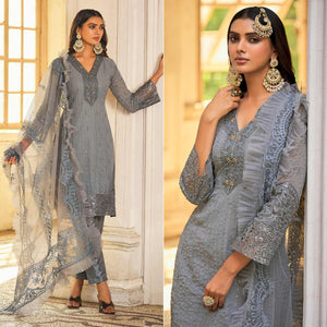 Grey Sequins Embroidered Georgette Semi Stitched Suit