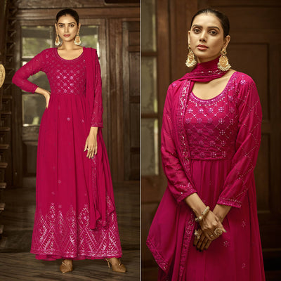Dark Pink Floral Sequins Embroidered Georgette Semi Stitched Anarkali Suit
