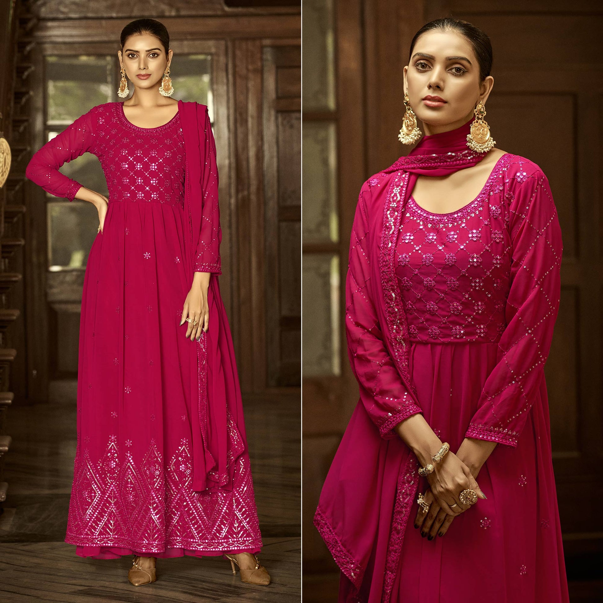 Dark Pink Floral Sequins Embroidered Georgette Semi Stitched Anarkali Suit
