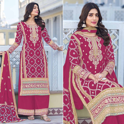 Dark Pink Floral Embroidered Chinon Silk Semi Stitched Suit