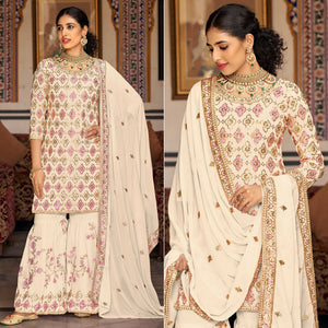 Cream Sequins Embroidered Georgette Semi Stitched Suit