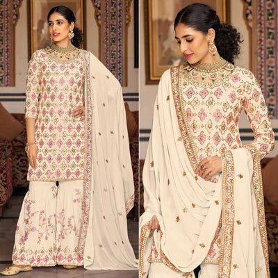 Cream Sequins Embroidered Georgette Semi Stitched Suit