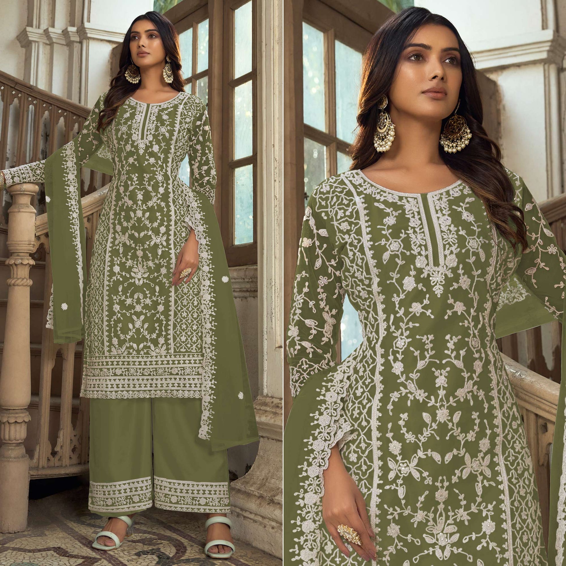 green-floral-embroidered-net-semi-stitched-suit-2