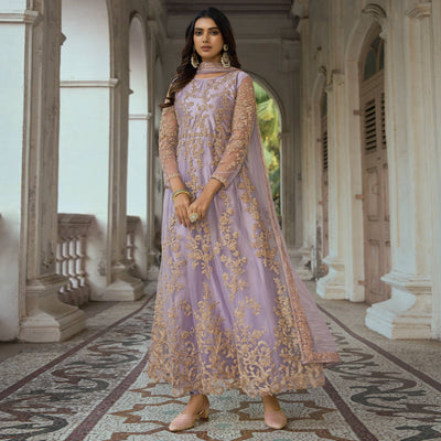 Light Purple Floral Embroidered Net Semi Stitched Anarkali Suit