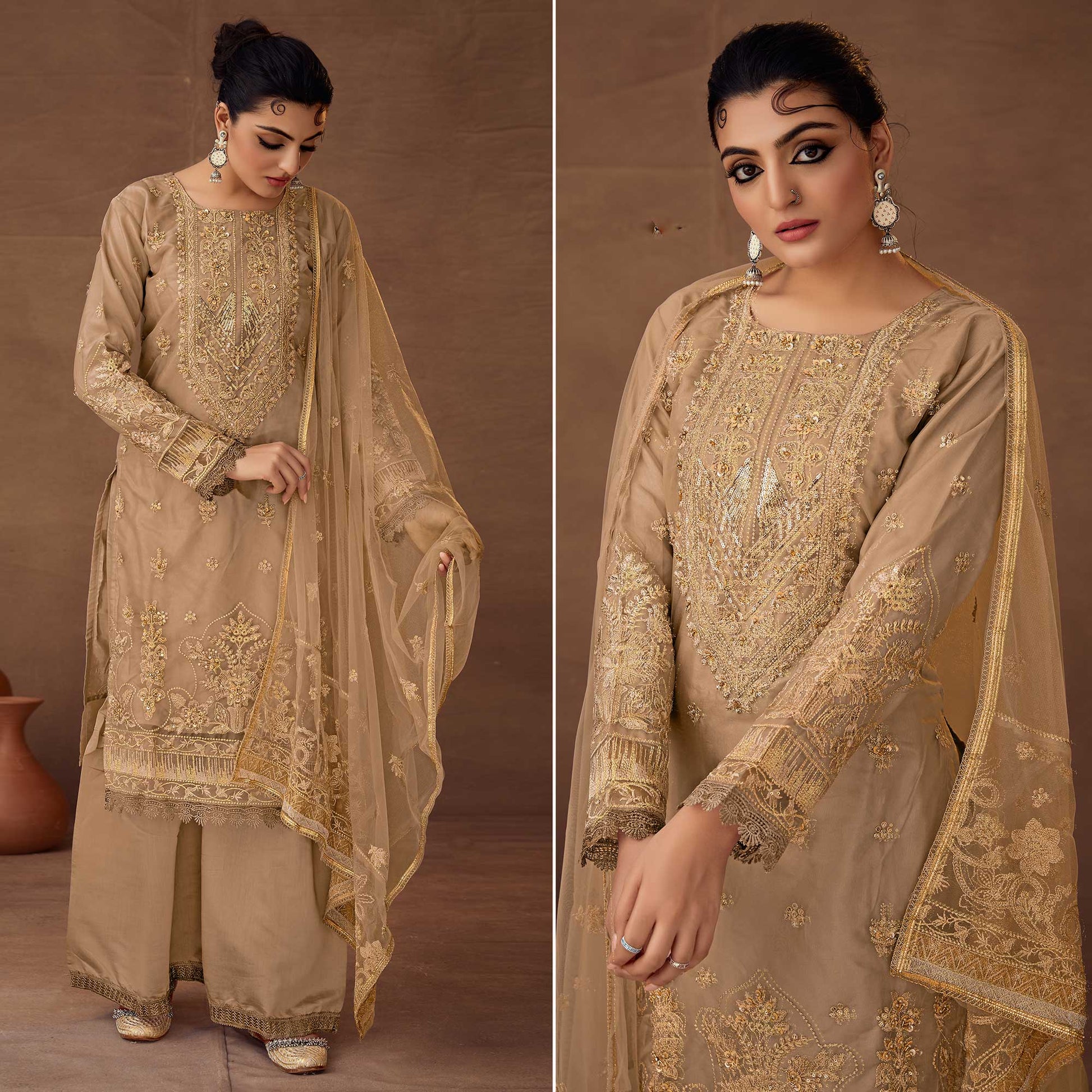 Chikoo Floral Embroidered Organza Semi Stitched Pakistani Suit