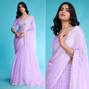 Lavender Solid With Zarkan & Ceramic Pearl Diamond Lace Tissue Saree
