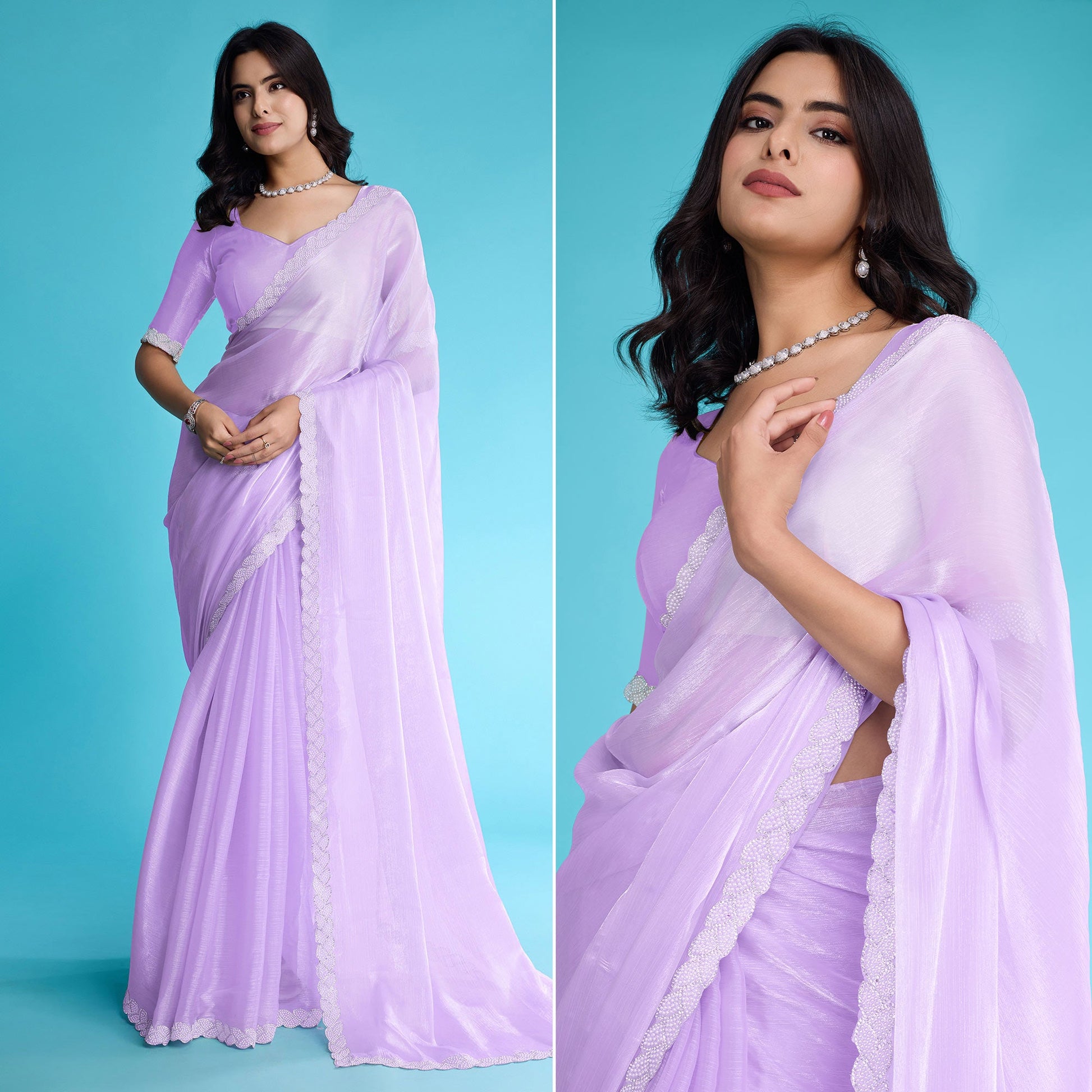 Lavender Solid With Zarkan & Ceramic Pearl Diamond Lace Tissue Saree