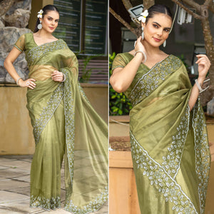 Mehendi Green Floral Sequins Embroidered Twill Net Saree