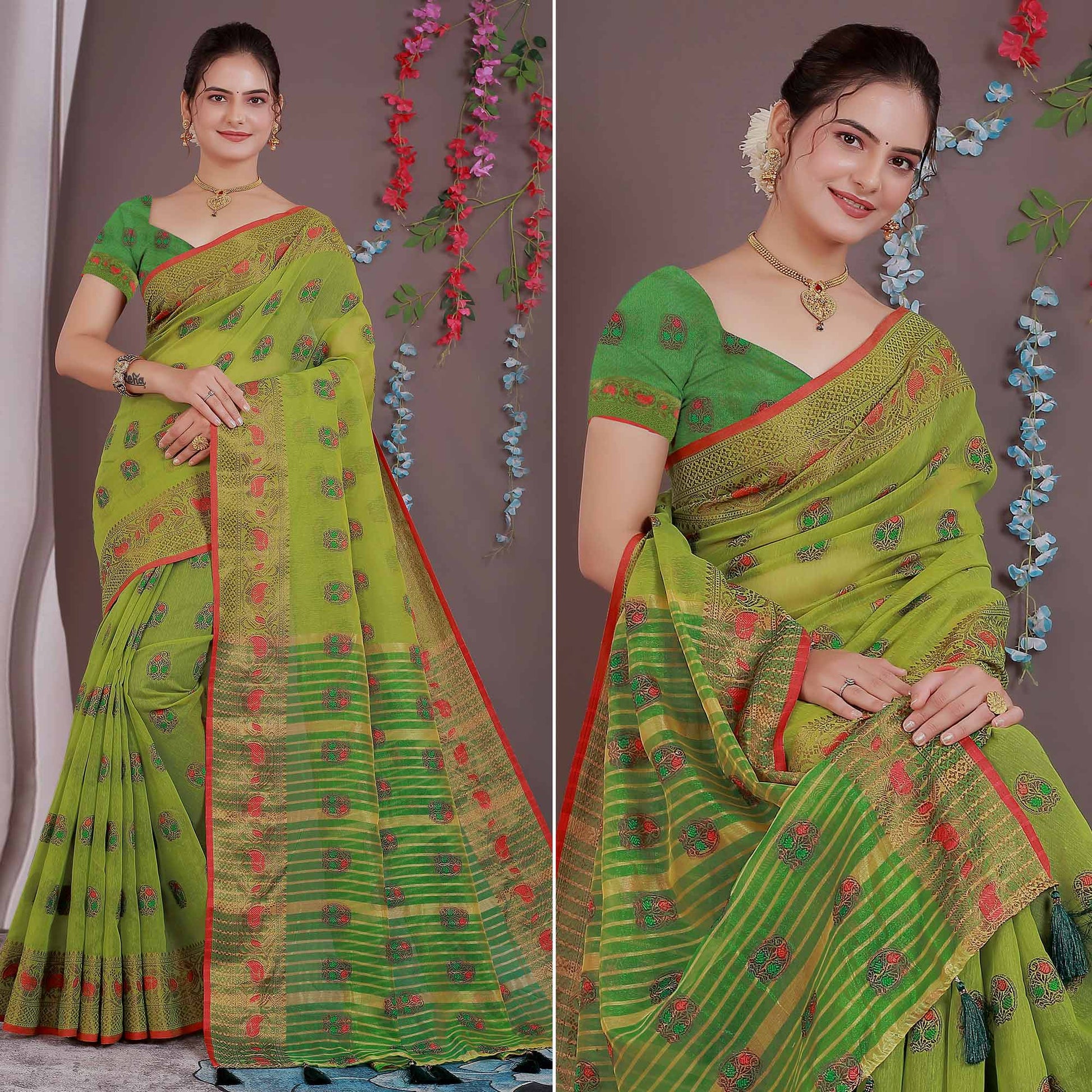 green-floral-woven-cotton-silk-saree-with-tassels-9