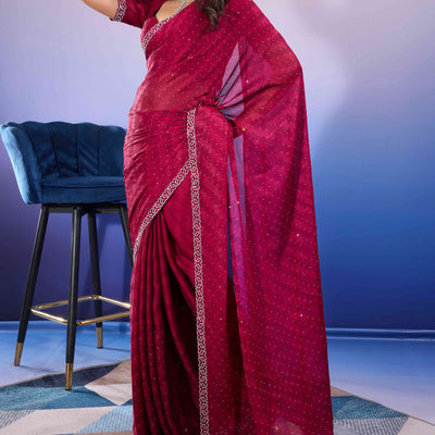 Cherry Red Diamond Zarkan Handwork Satin Chiffon Saree