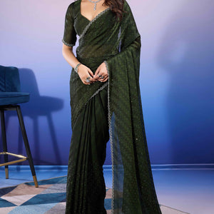 Bottle Green Diamond Zarkan Handwork Satin Chiffon Saree