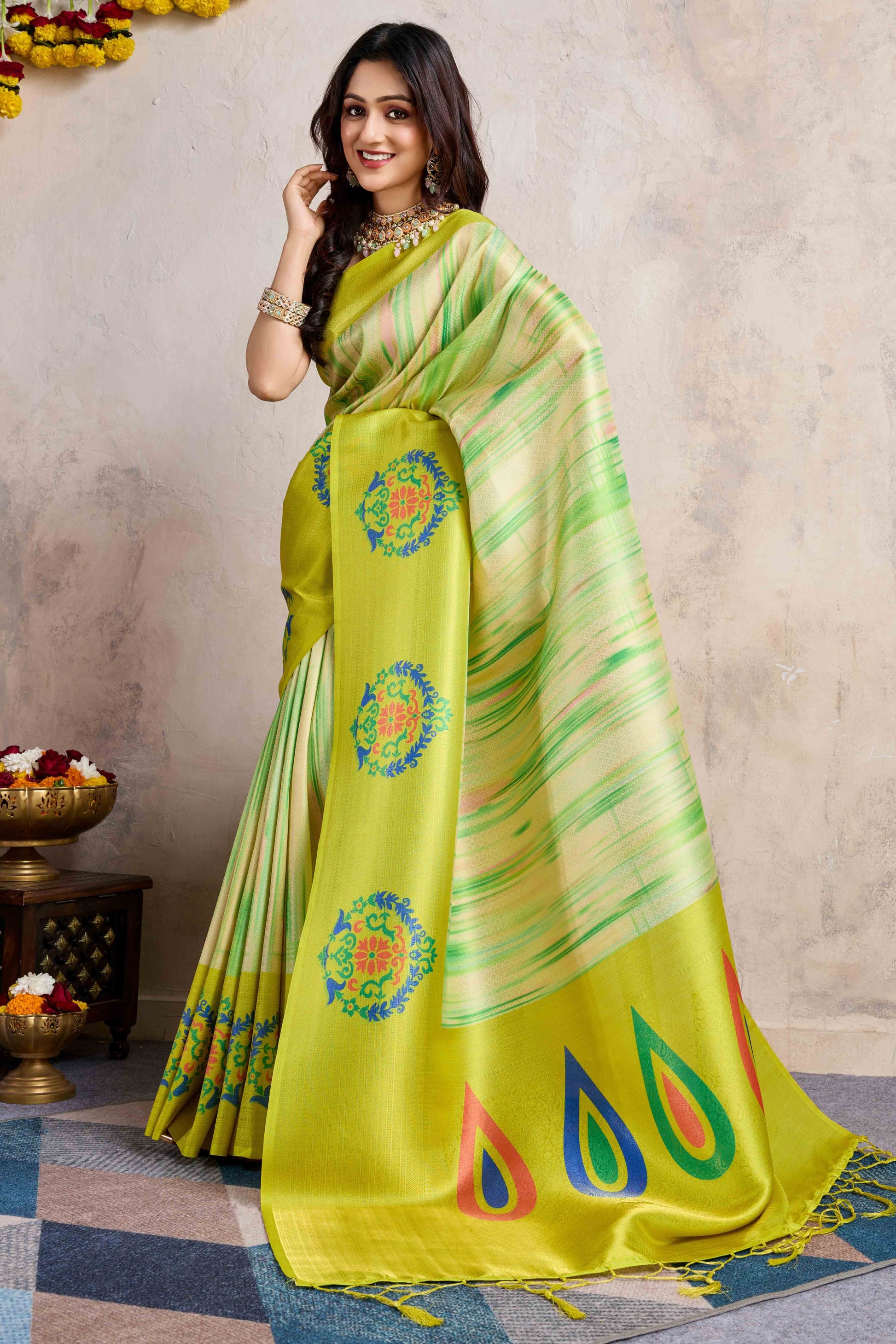 green-kanoko-print-weaving-soft-banarasi-silk-saree