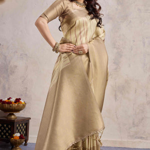 Chikoo Woven With Digital Printed Banarasi Silk Saree