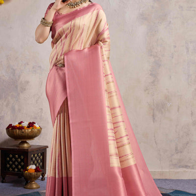 Gajari Pink Woven With Digital Printed Banarasi Silk Saree