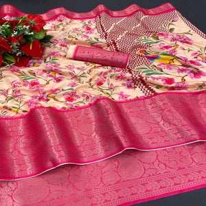 Light Yellow Floral Digital Printed With Woven Border Dola Silk Saree