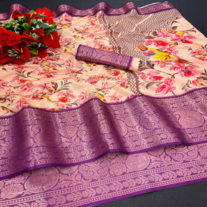 Cream Floral Digital Printed With Woven Border Dola Silk Saree