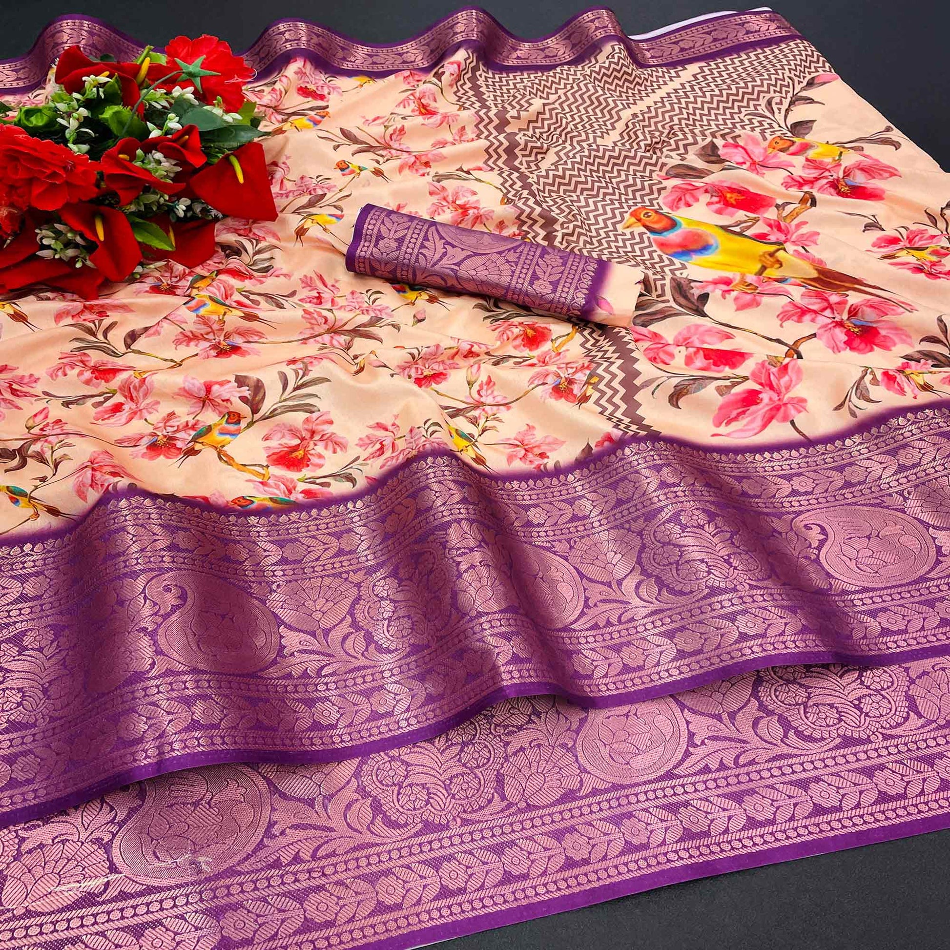 Cream Floral Digital Printed With Woven Border Dola Silk Saree