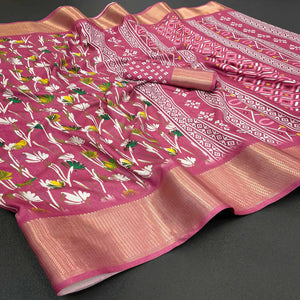 Light Burgundy Floral Digital Printed With Woven Border Dola Silk Saree