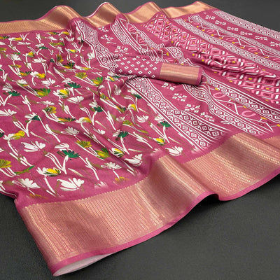 Light Burgundy Floral Digital Printed With Woven Border Dola Silk Saree
