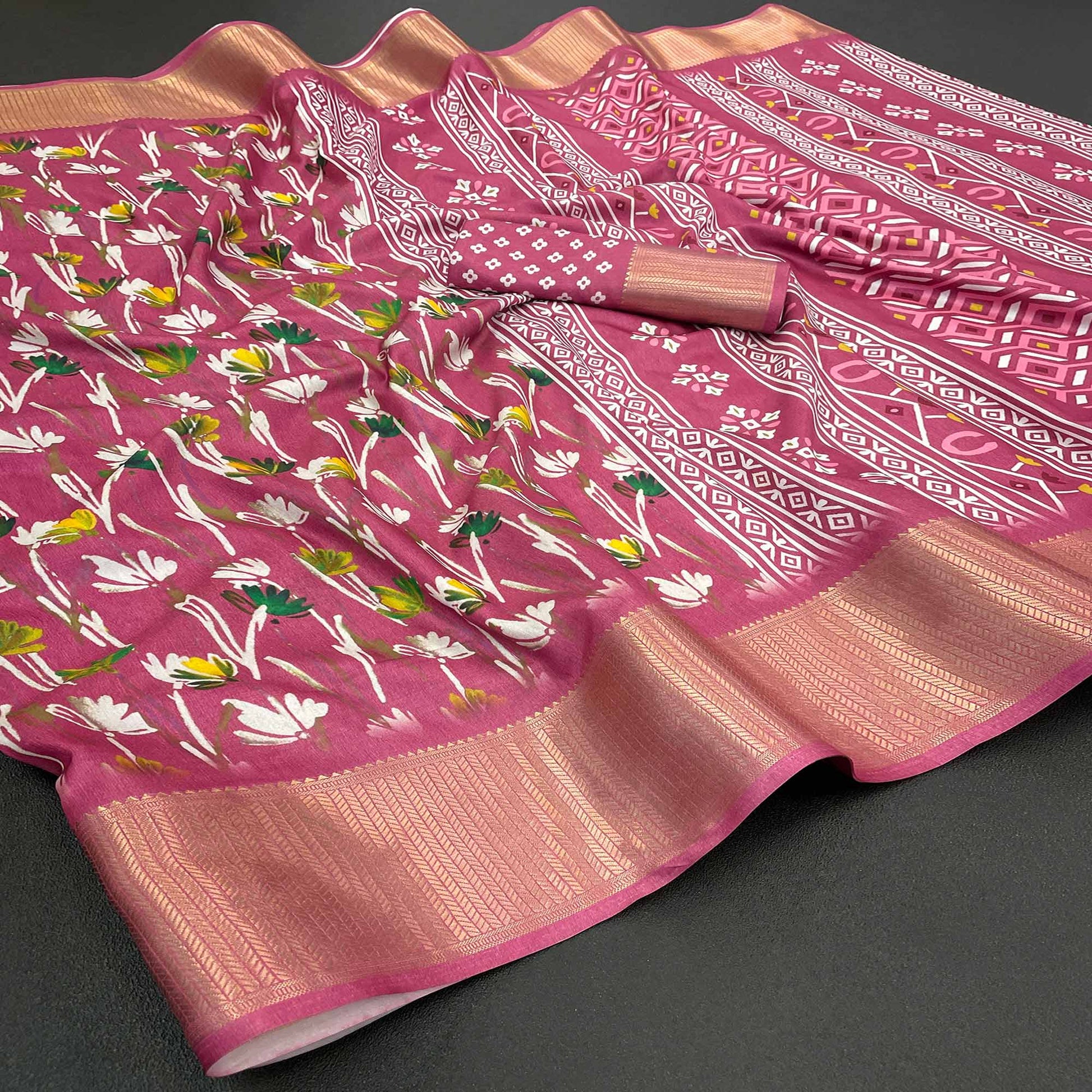 Light Burgundy Floral Digital Printed With Woven Border Dola Silk Saree