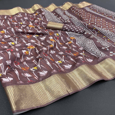 Brown Floral Digital Printed With Woven Border Dola Silk Saree