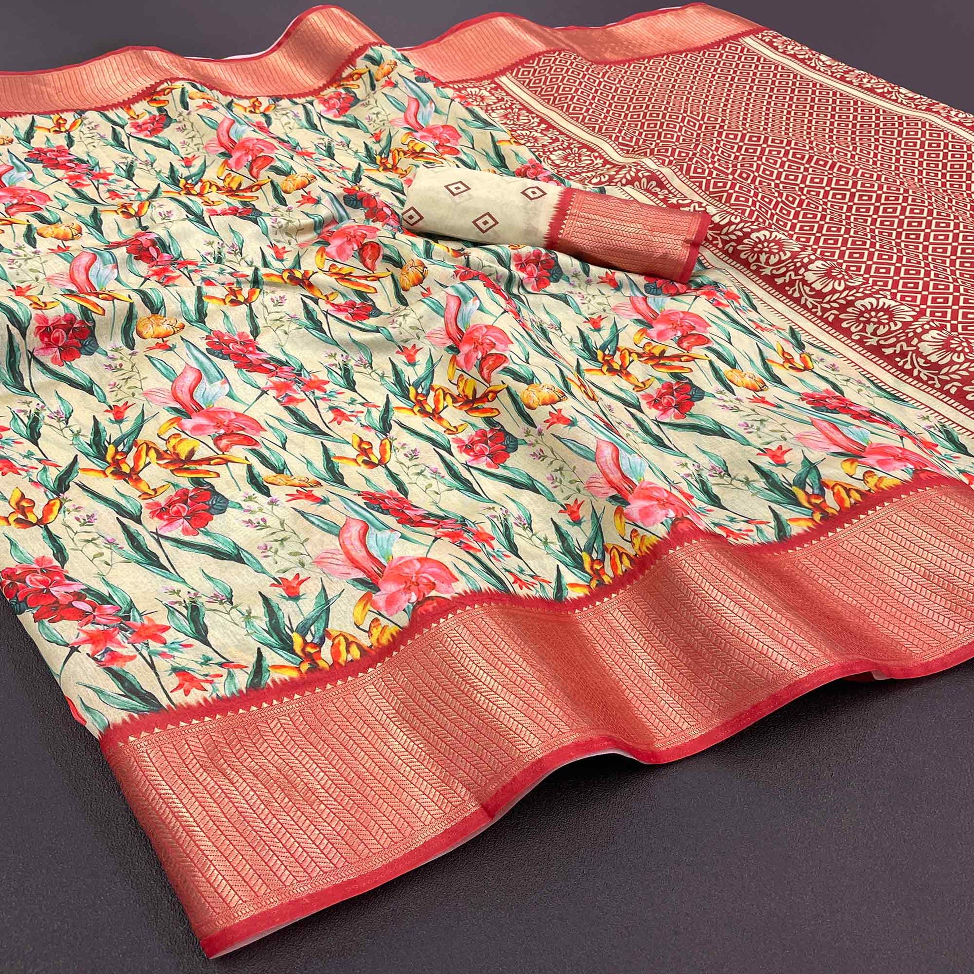 Cream Floral Digital Printed With Woven Border Dola Silk Saree