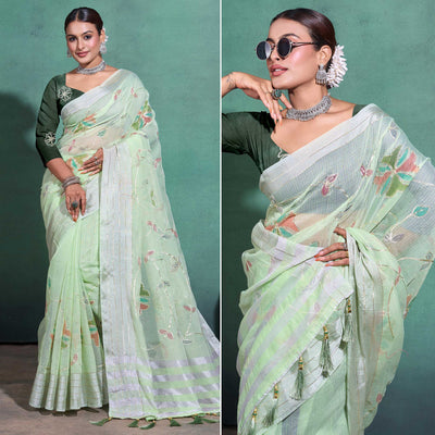 green-gota-patti-embroidered-linen-saree-with-tassels